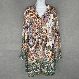 Chico's Paisley Print Tunic Top Sz 3 (XL) Long Sleeve Button Up Relaxed Office‎